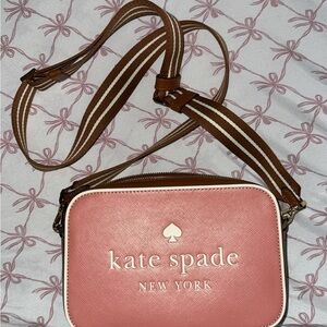 kate spade Pink and Brown Crossbody Camera Bag with Striped Strap